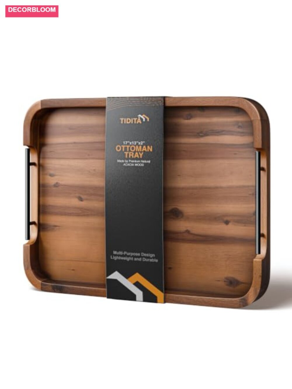 Acacia Wood Serving Tray with Metal Handles Rectangular 17x13 Ottoman Breakfast